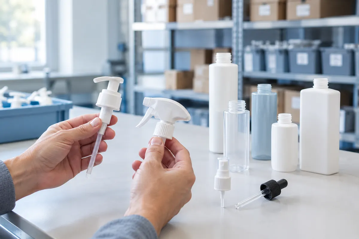 Mani che confrontano un dispenser e un trigger spray accanto a flaconi, pompa spray e contagocce, con scaffali di magazzino sullo sfondo