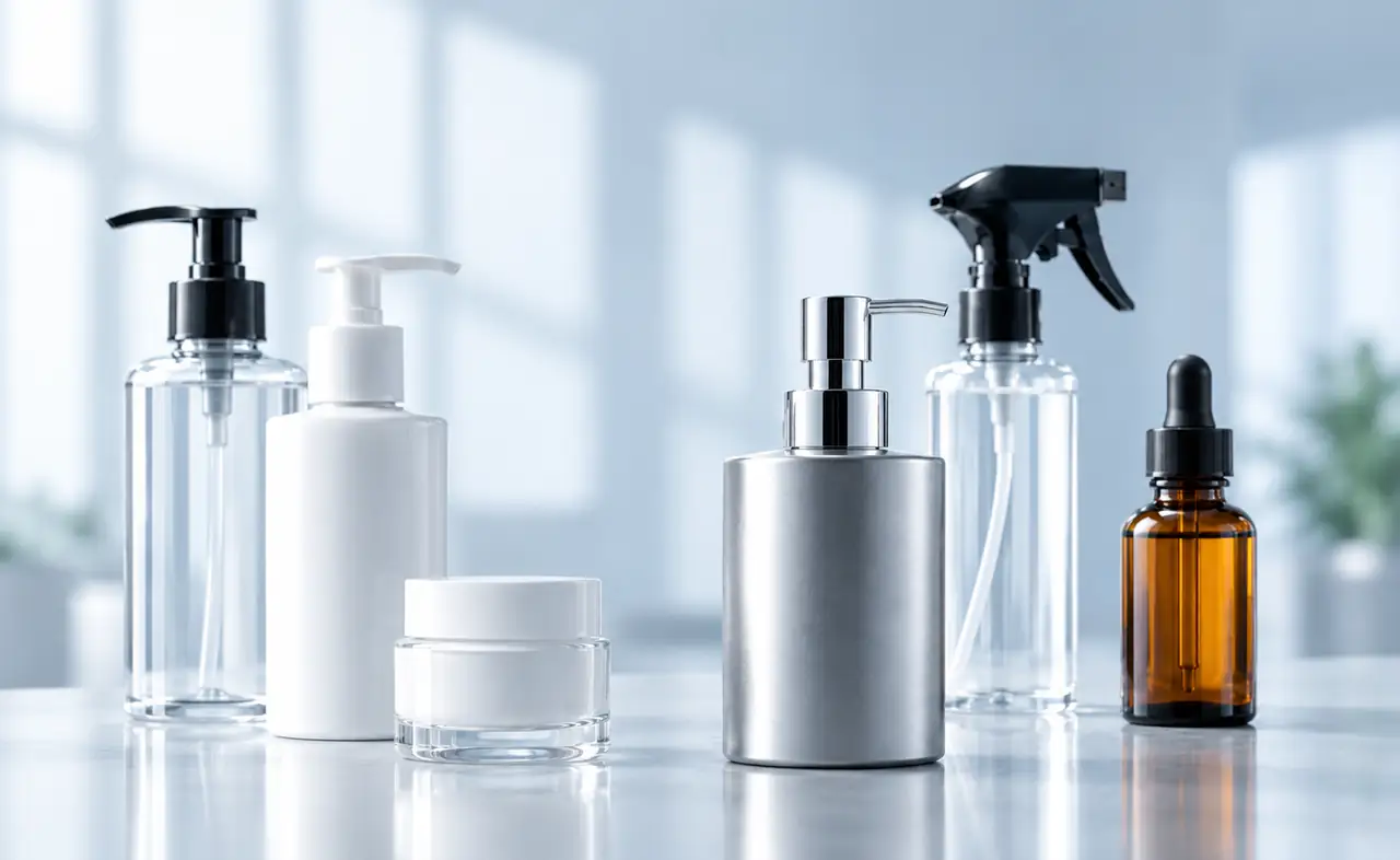 Flaconi, dispenser, trigger, contagocce e vasetto su un bancone di laboratorio